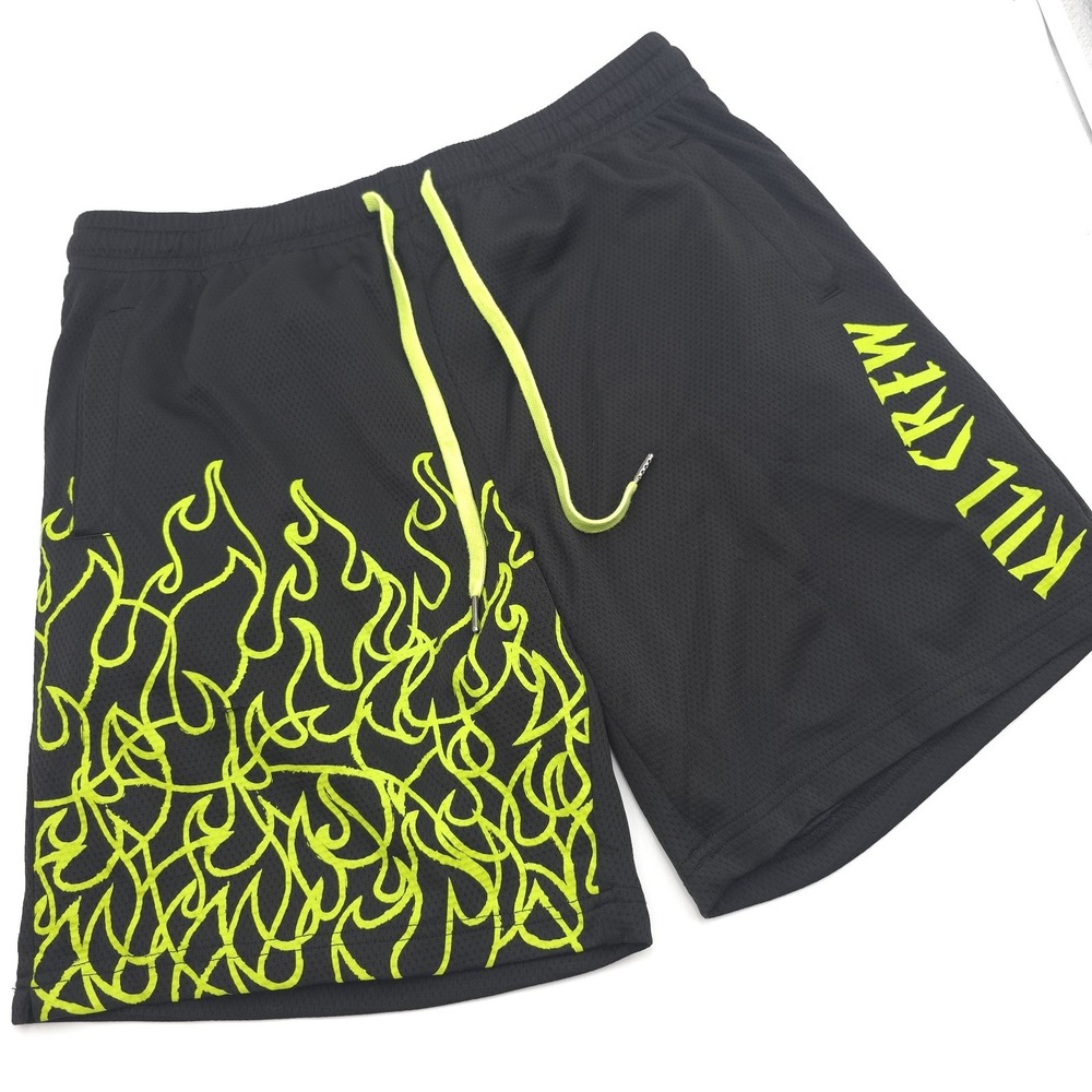 Kill Crew Flame Graphic Mesh Shorts Mens L Black Neon Yellow Athletic Drawstring